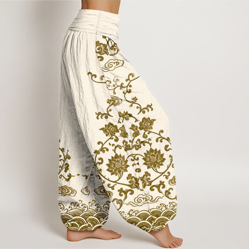 Buddha Stones Pantalones harem de algodón con estampado de volutas de loto para mujer con cintura elástica. - image 6