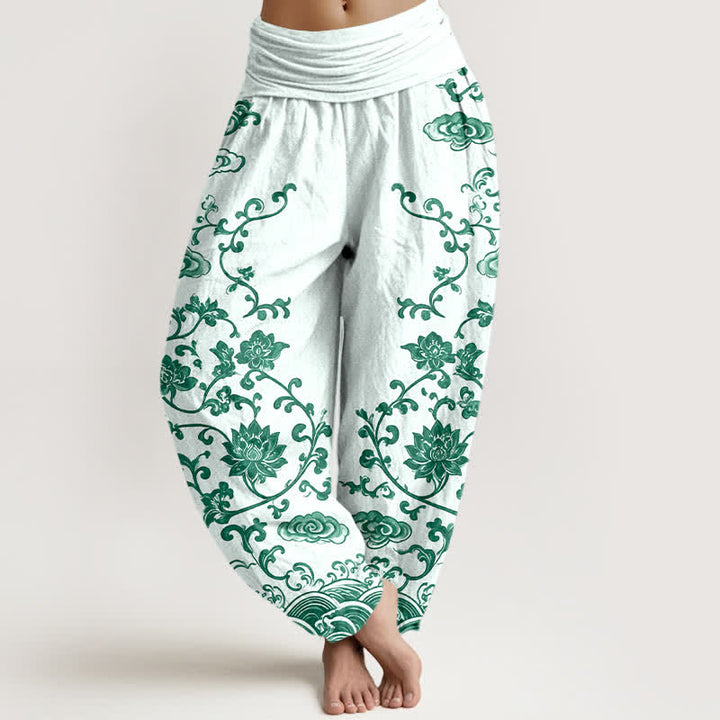 Buddha Stones Pantalones harem de algodón con estampado de volutas de loto para mujer con cintura elástica. - Gotas de miel - US16，UK/AU20，EU48 (3XL) - image 8