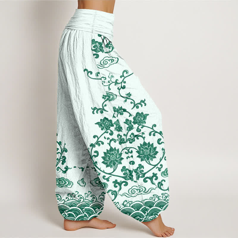 Buddha Stones Pantalones harem de algodón con estampado de volutas de loto para mujer con cintura elástica. - image 9