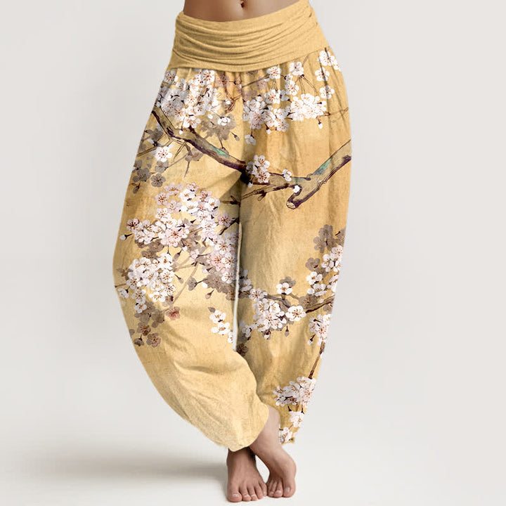 Buddha Stones Pantalones harem de mujer con cintura elástica y estampado de ramas de cerezo en flor de algodón. - Caqui - US16，UK/AU20，EU48 (3XL) - image 0