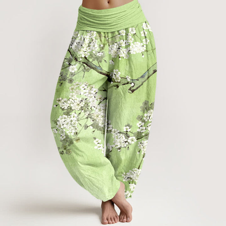 Buddha Stones Pantalones harem de mujer con cintura elástica y estampado de ramas de cerezo en flor de algodón. - Verde pálido - US16，UK/AU20，EU48 (3XL) - image 5