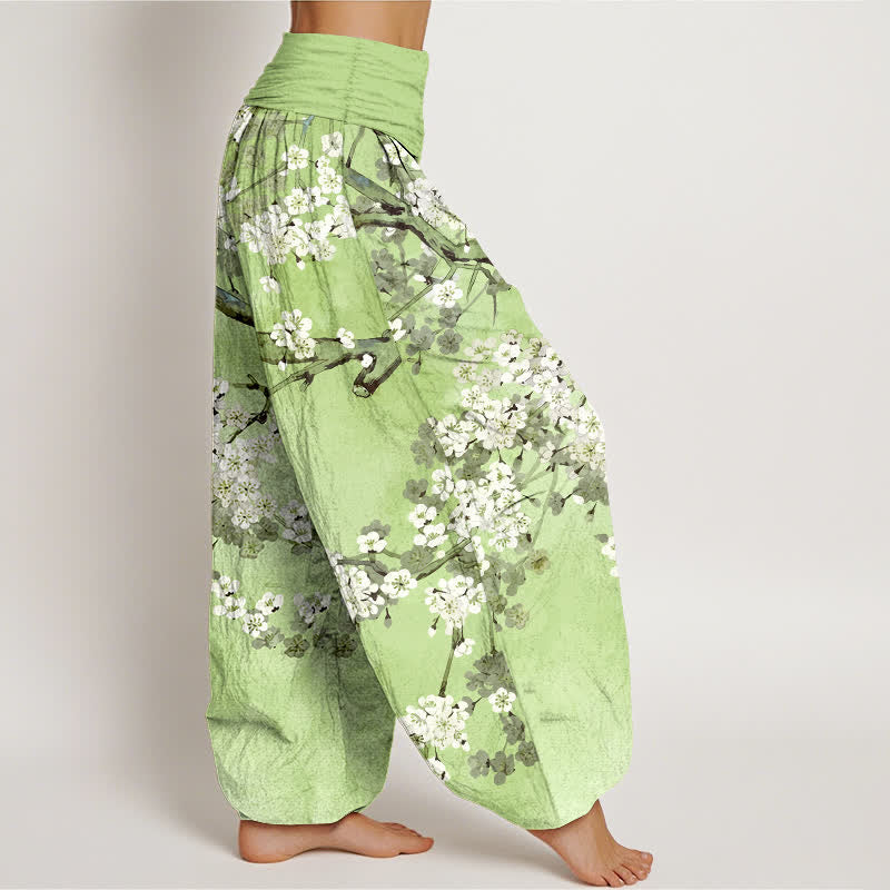 Buddha Stones Pantalones harem de mujer con cintura elástica y estampado de ramas de cerezo en flor de algodón. - image 6