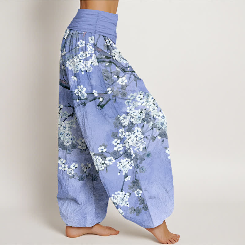 Buddha Stones Pantalones harem de mujer con cintura elástica y estampado de ramas de cerezo en flor de algodón. - image 9