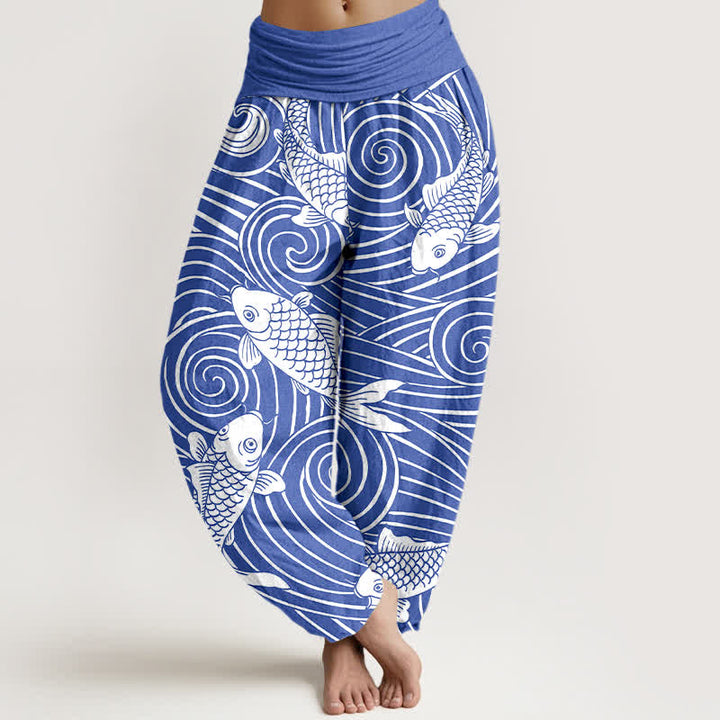 Buddha Stones Pantalones harem de algodón con estampado de olas Koi para mujer con cintura elástica. - Azul real - US16，UK/AU20，EU48 (3XL) - image 0