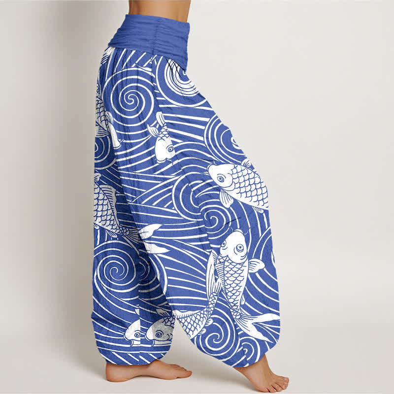 Buddha Stones Pantalones harem de algodón con estampado de olas Koi para mujer con cintura elástica. - image 1