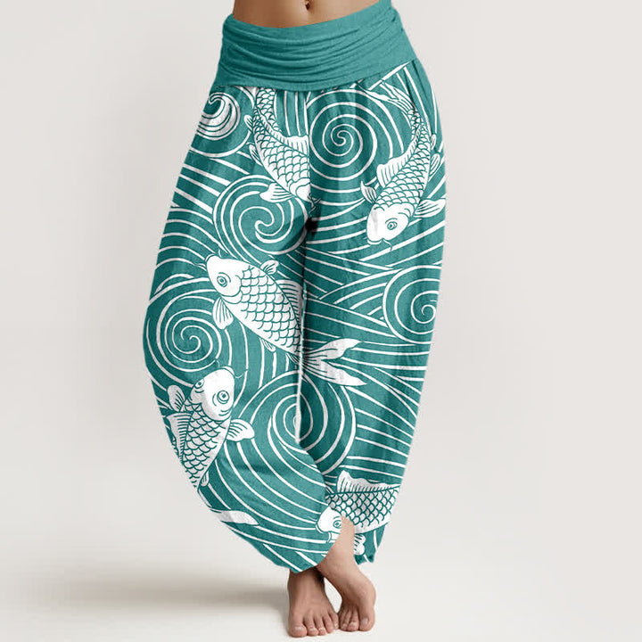 Buddha Stones Pantalones harem de algodón con estampado de olas Koi para mujer con cintura elástica. - Verde mar claro - US16，UK/AU20，EU48 (3XL) - image 5