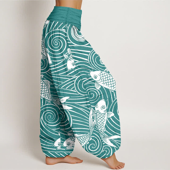 Buddha Stones Pantalones harem de algodón con estampado de olas Koi para mujer con cintura elástica. - image 6