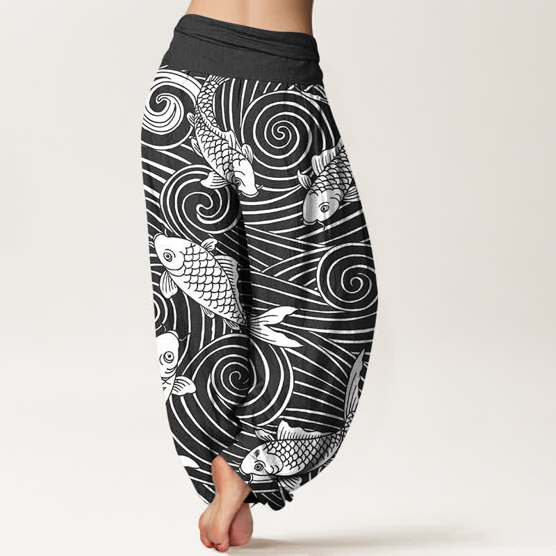Buddha Stones Pantalones harem de algodón con estampado de olas Koi para mujer con cintura elástica. - image 10