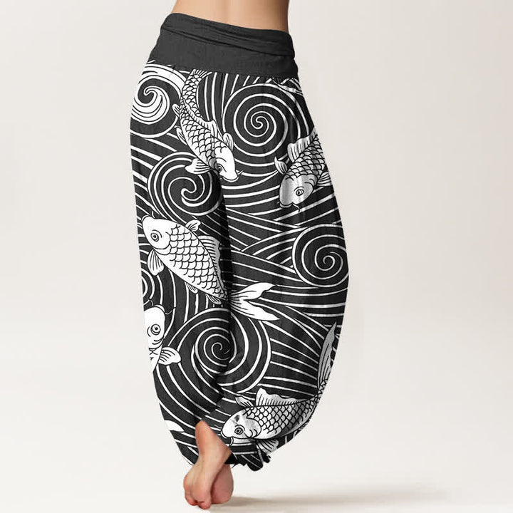 Buddha Stones Pantalones harem de algodón con estampado de olas Koi para mujer con cintura elástica. - image 10
