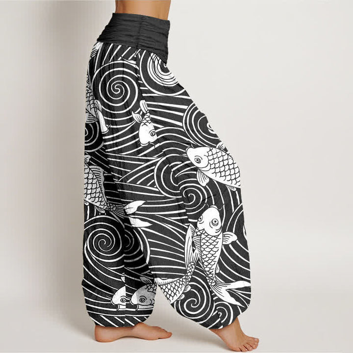 Buddha Stones Pantalones harem de algodón con estampado de olas Koi para mujer con cintura elástica. - image 9