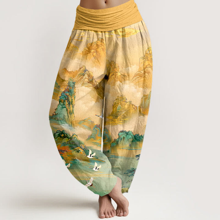Buddha Stones Pantalones harem de algodón con estampado de grullas orientales y cintura elástica para mujer. - Oro - US16，UK/AU20，EU48 (3XL) - image 0