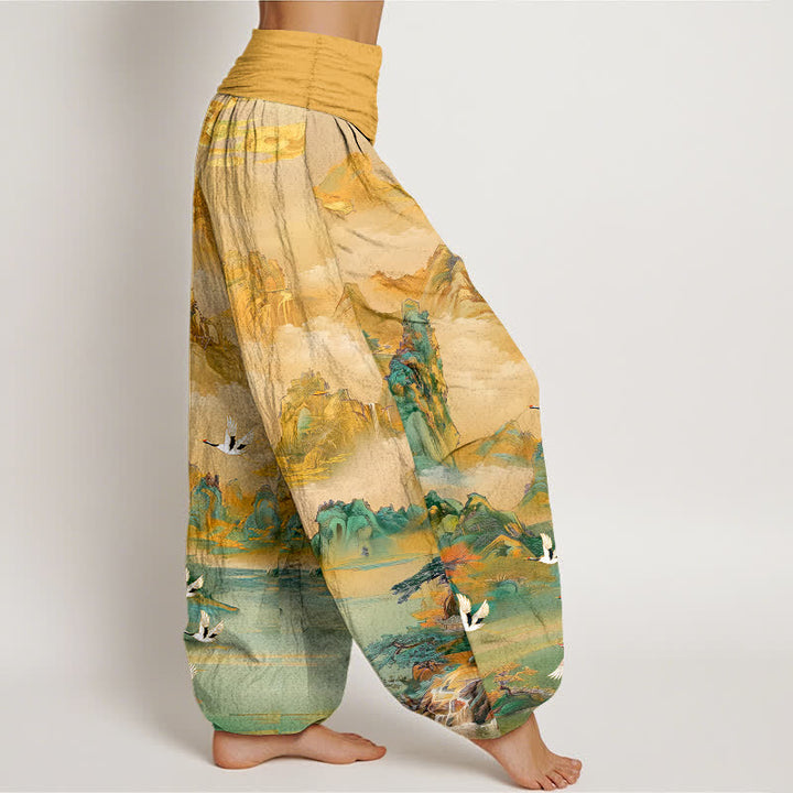 Buddha Stones Pantalones harem de algodón con estampado de grullas orientales y cintura elástica para mujer. - image 1