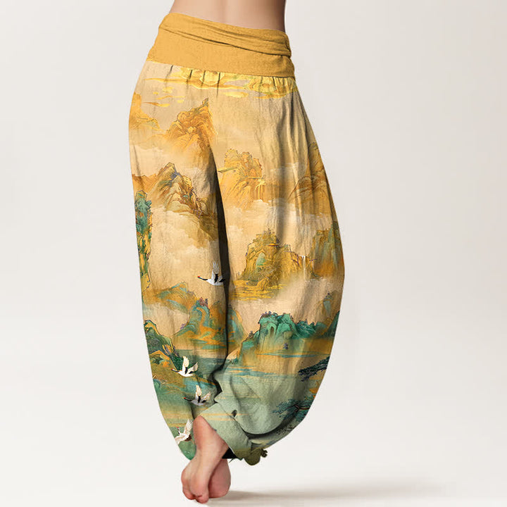 Buddha Stones Pantalones harem de algodón con estampado de grullas orientales y cintura elástica para mujer. - image 2