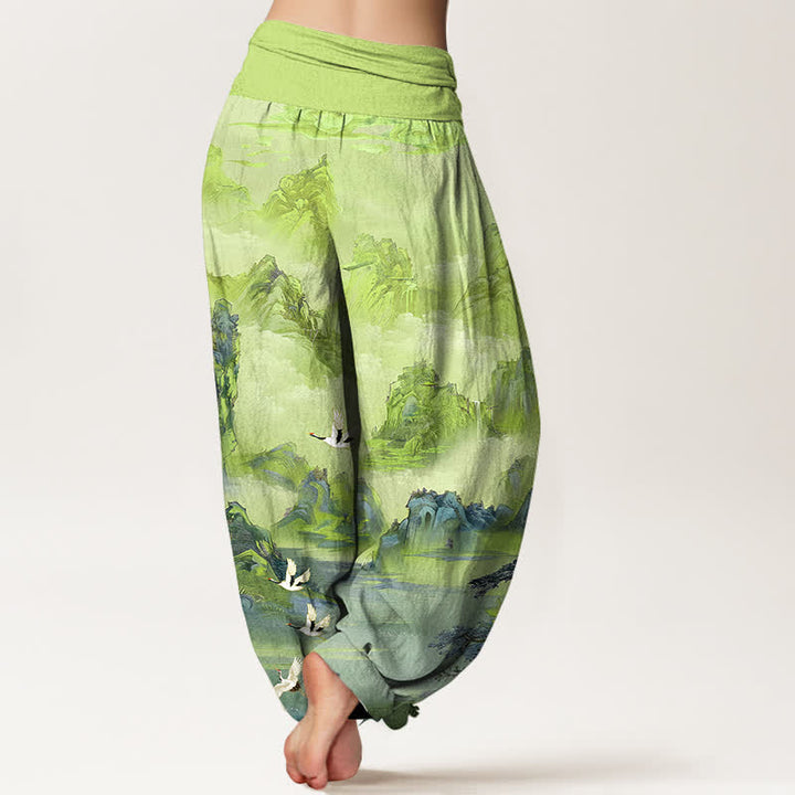 Buddha Stones Pantalones harem de algodón con estampado de grullas orientales y cintura elástica para mujer. - image 7