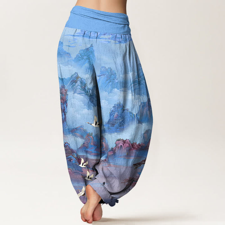 Buddha Stones Pantalones harem de algodón con estampado de grullas orientales y cintura elástica para mujer. - image 10