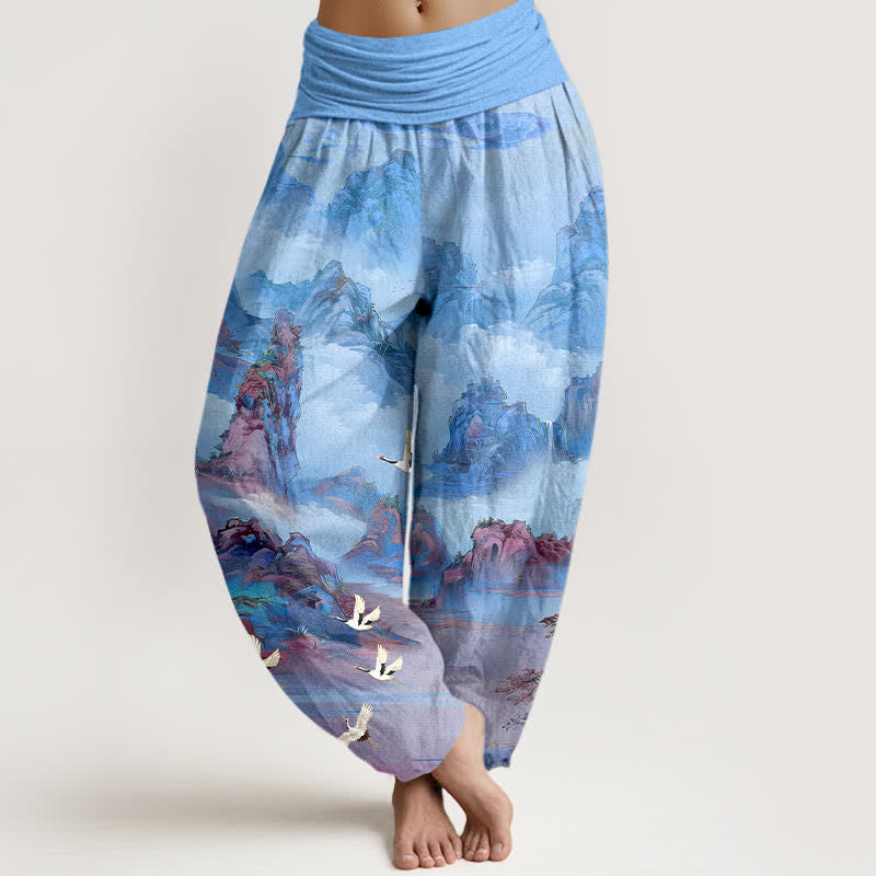 Buddha Stones Pantalones harem de algodón con estampado de grullas orientales y cintura elástica para mujer. - Azul cielo claro - US16，UK/AU20，EU48 (3XL) - image 8