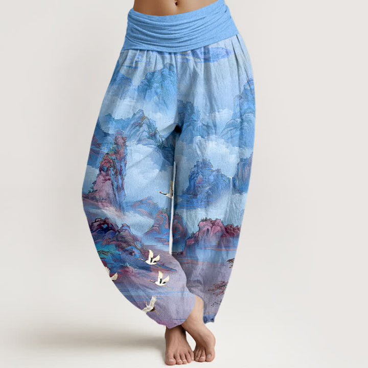 Buddha Stones Pantalones harem de algodón con estampado de grullas orientales y cintura elástica para mujer. - Azul cielo claro - US16，UK/AU20，EU48 (3XL) - image 8