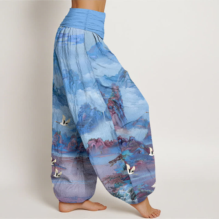 Buddha Stones Pantalones harem de algodón con estampado de grullas orientales y cintura elástica para mujer. - image 9