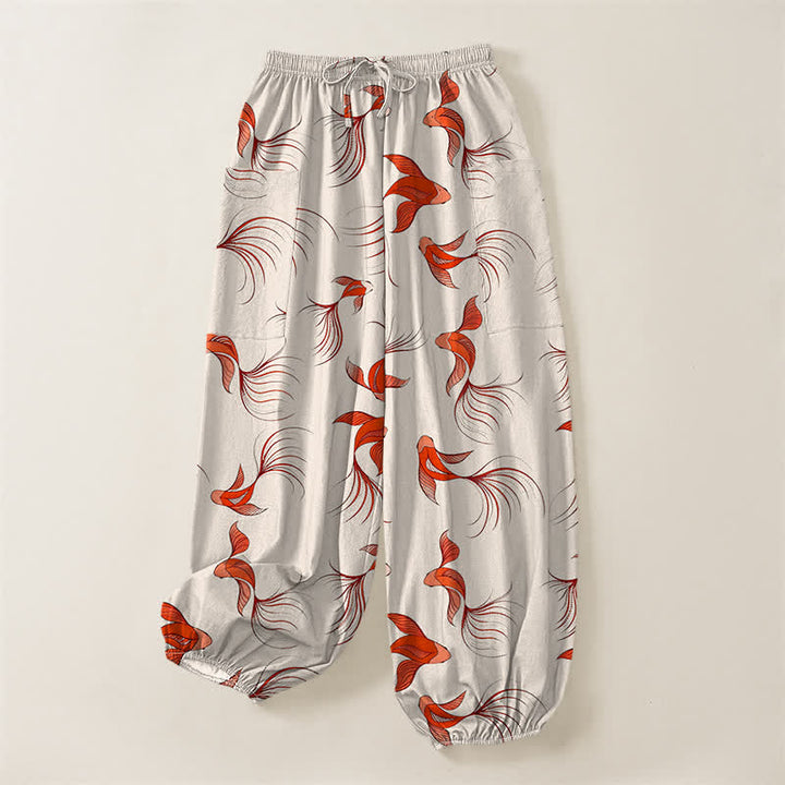 Buddha Stones Pantalones harem de algodón con estampado abstracto de peces koi para mujer, cintura elástica y bolsillos laterales. - image 3