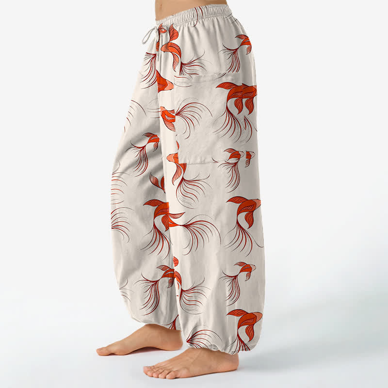 Buddha Stones Pantalones harem de algodón con estampado abstracto de peces koi para mujer, cintura elástica y bolsillos laterales. - image 1