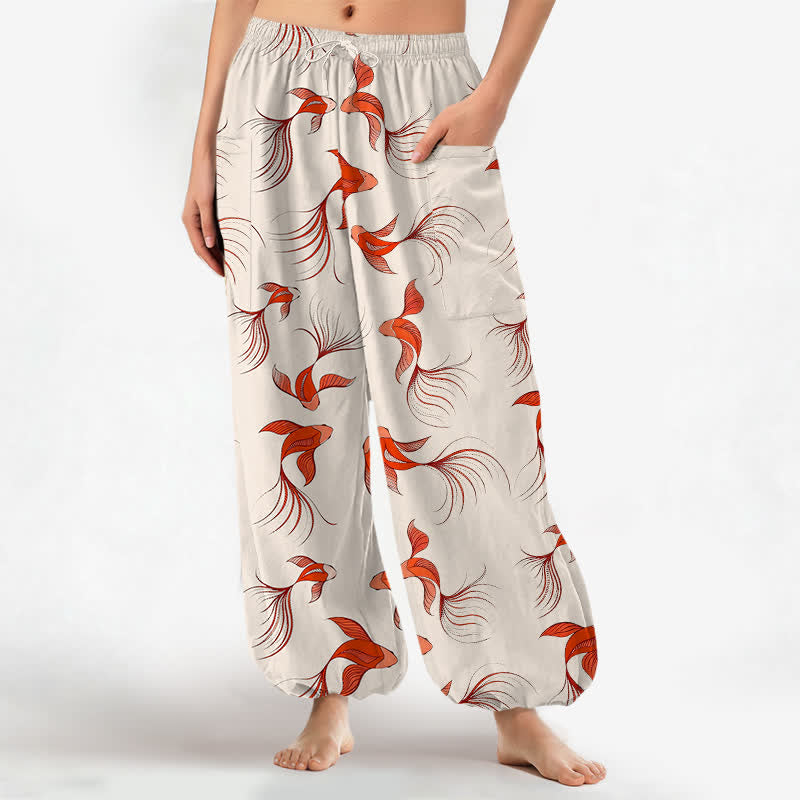 Buddha Stones Pantalones harem de algodón con estampado abstracto de peces koi para mujer, cintura elástica y bolsillos laterales. - Marfil - US16，UK/AU20，EU48 (3XL) - image 0