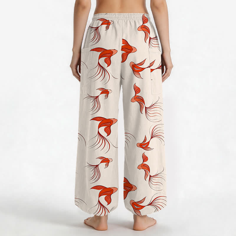 Buddha Stones Pantalones harem de algodón con estampado abstracto de peces koi para mujer, cintura elástica y bolsillos laterales. - image 2
