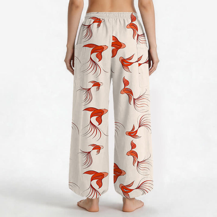 Buddha Stones Pantalones harem de algodón con estampado abstracto de peces koi para mujer, cintura elástica y bolsillos laterales. - image 2