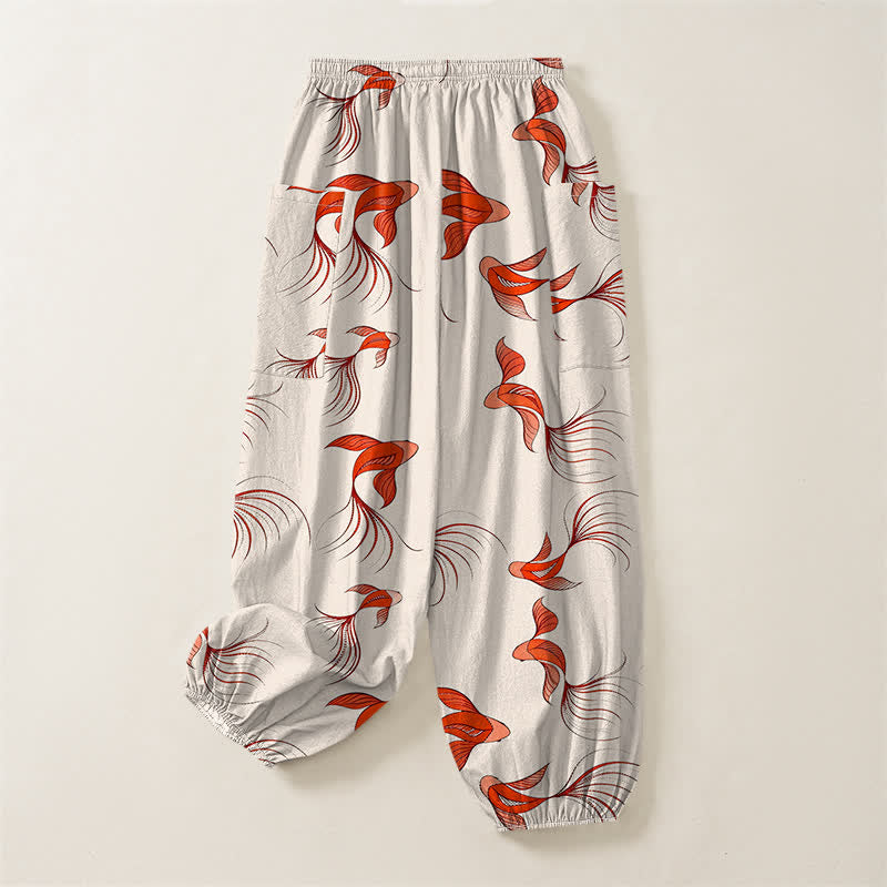 Buddha Stones Pantalones harem de algodón con estampado abstracto de peces koi para mujer, cintura elástica y bolsillos laterales. - image 4