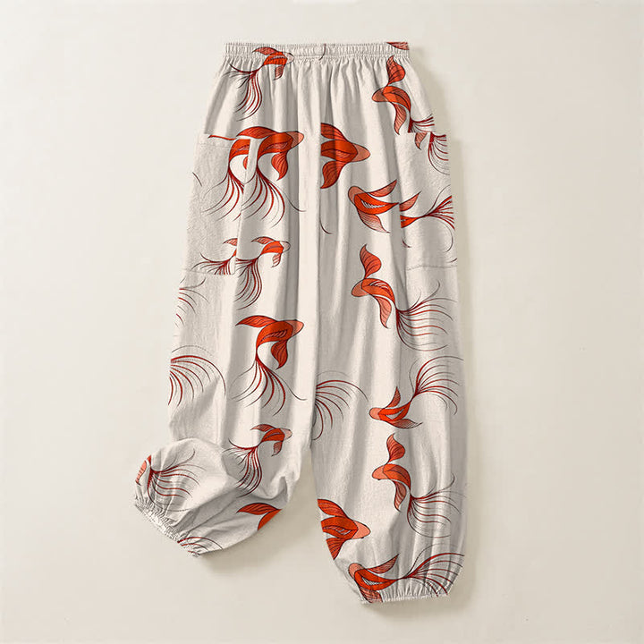 Buddha Stones Pantalones harem de algodón con estampado abstracto de peces koi para mujer, cintura elástica y bolsillos laterales. - image 4
