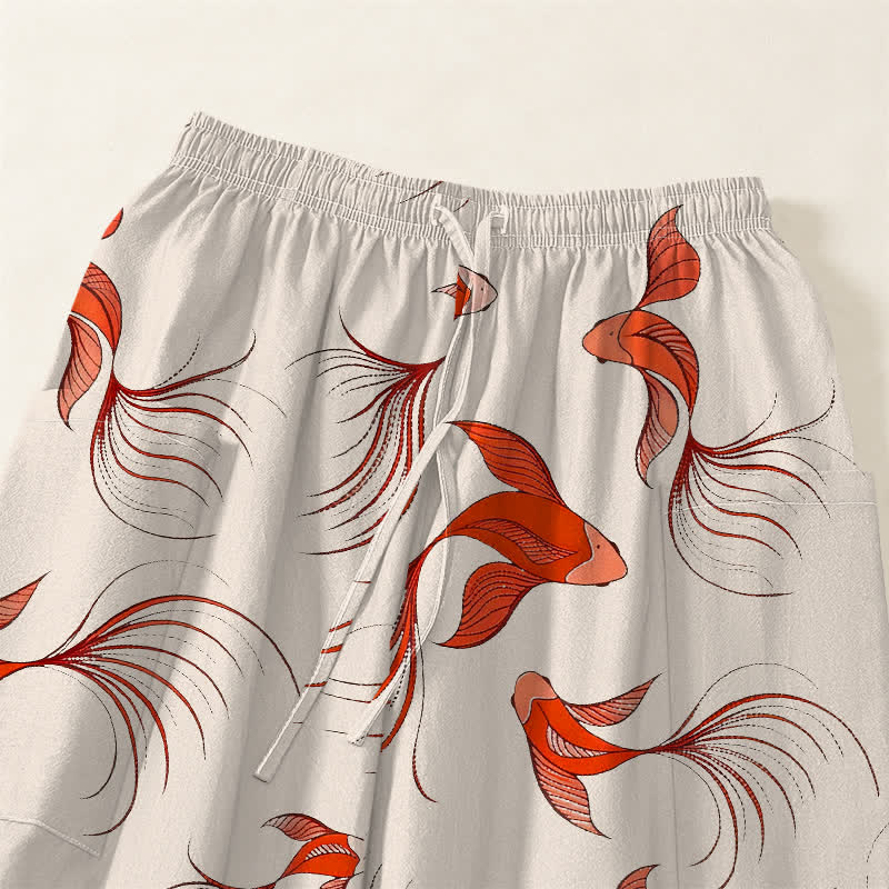 Buddha Stones Pantalones harem de algodón con estampado abstracto de peces koi para mujer, cintura elástica y bolsillos laterales. - image 5