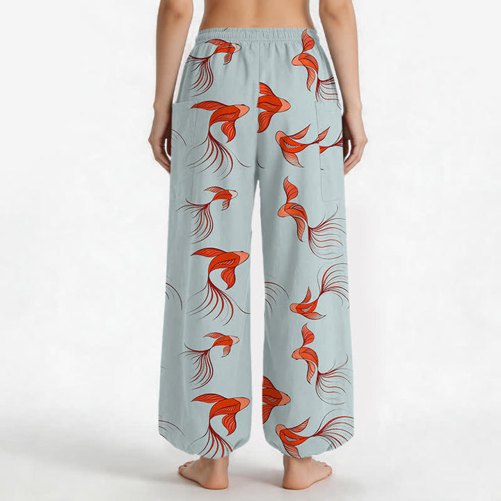 Buddha Stones Pantalones harem de algodón con estampado abstracto de peces koi para mujer, cintura elástica y bolsillos laterales. - image 9