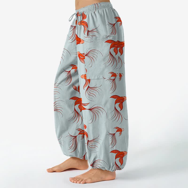 Buddha Stones Pantalones harem de algodón con estampado abstracto de peces koi para mujer, cintura elástica y bolsillos laterales. - image 8