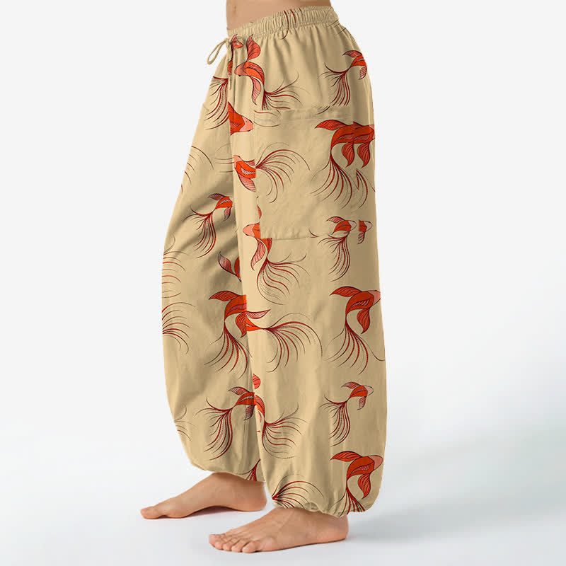 Buddha Stones Pantalones harem de algodón con estampado abstracto de peces koi para mujer, cintura elástica y bolsillos laterales. - image 11