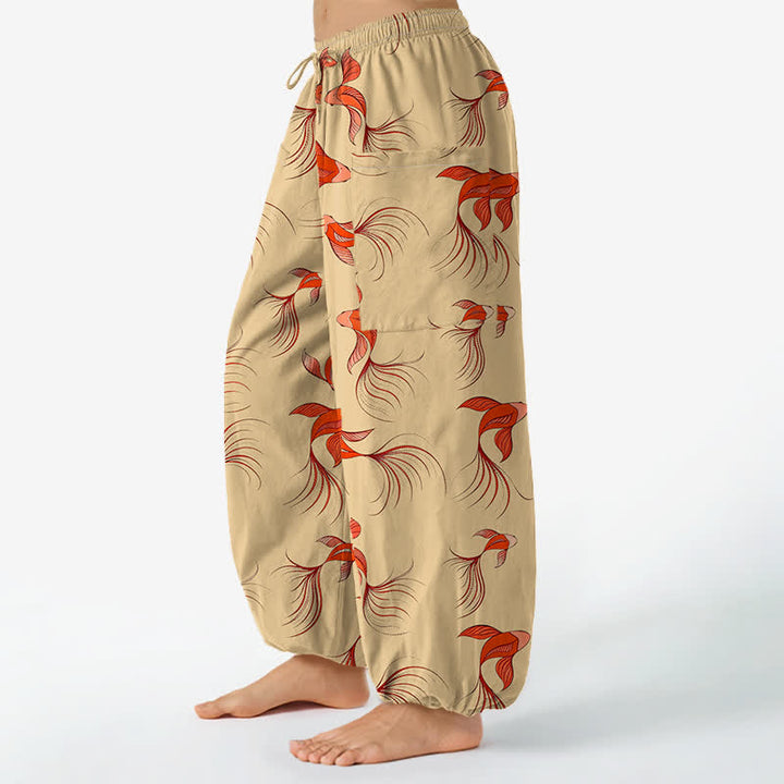 Buddha Stones Pantalones harem de algodón con estampado abstracto de peces koi para mujer, cintura elástica y bolsillos laterales. - image 11