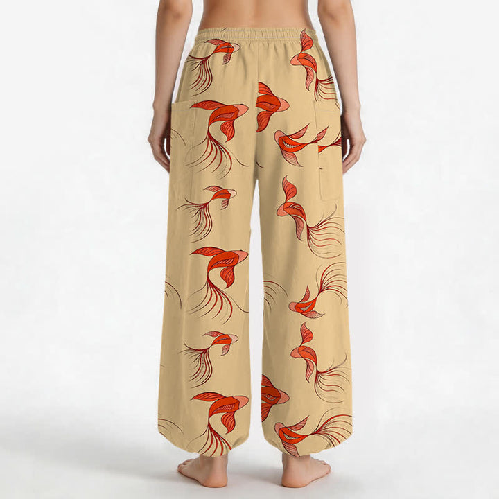 Buddha Stones Pantalones harem de algodón con estampado abstracto de peces koi para mujer, cintura elástica y bolsillos laterales. - image 12