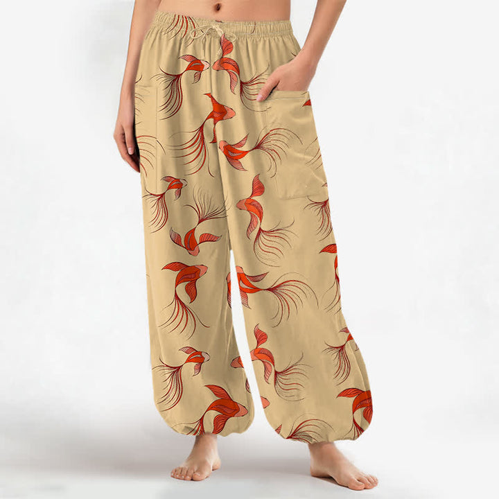 Buddha Stones Pantalones harem de algodón con estampado abstracto de peces koi para mujer, cintura elástica y bolsillos laterales. - Trigo - US16，UK/AU20，EU48 (3XL) - image 10