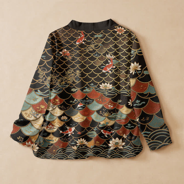 Buddha Stones Kimono de manga larga para mujer con cuello en V, estampado oriental de koi y loto, de algodón. - image 1