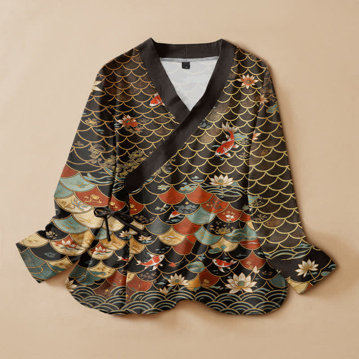 Buddha Stones Kimono de manga larga para mujer con cuello en V, estampado oriental de koi y loto, de algodón. - Negro - US16，UK/AU20，EU48 (3XL) - image 0