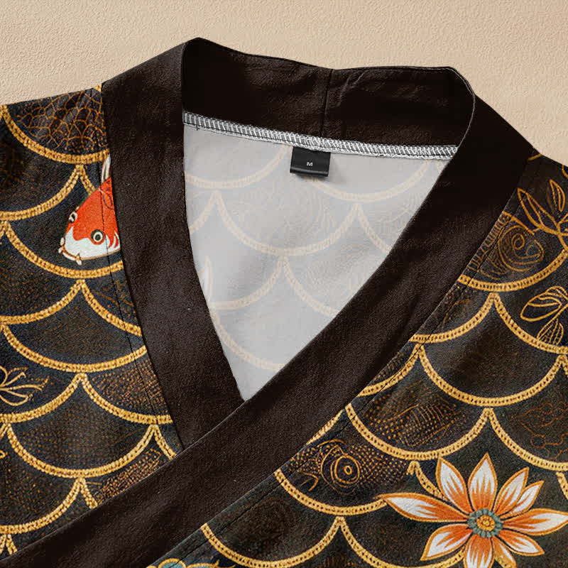 Buddha Stones Kimono de manga larga para mujer con cuello en V, estampado oriental de koi y loto, de algodón. - image 2