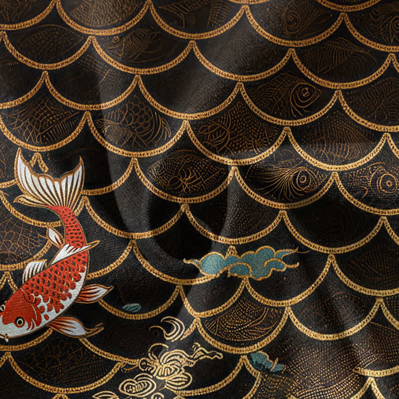 Buddha Stones Kimono de manga larga para mujer con cuello en V, estampado oriental de koi y loto, de algodón. - image 4