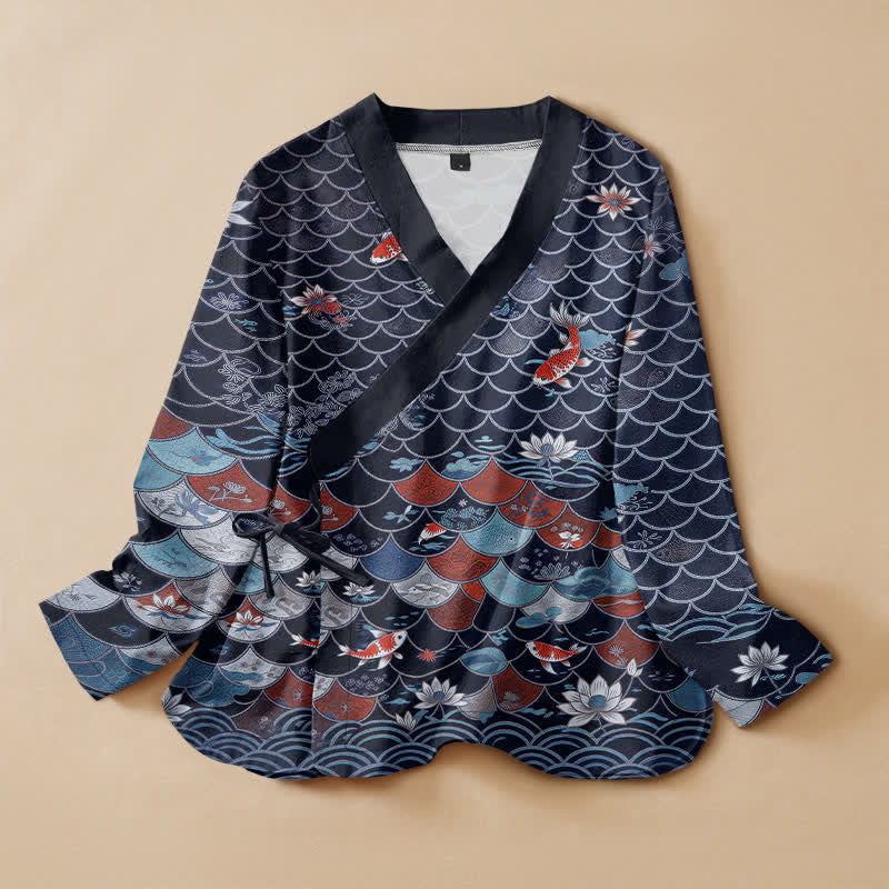 Buddha Stones Kimono de manga larga para mujer con cuello en V, estampado oriental de koi y loto, de algodón. - Marina de guerra - US16，UK/AU20，EU48 (3XL) - image 5