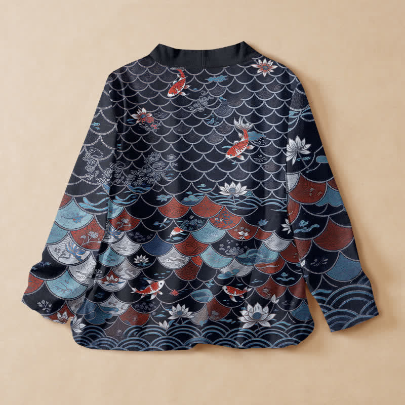 Buddha Stones Kimono de manga larga para mujer con cuello en V, estampado oriental de koi y loto, de algodón. - image 6