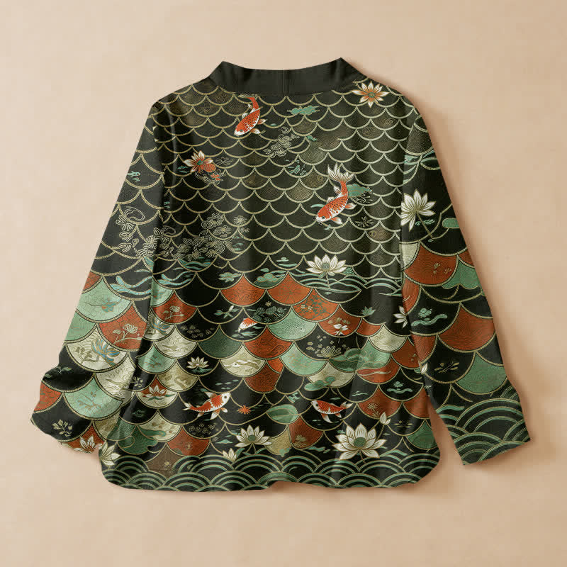 Buddha Stones Kimono de manga larga para mujer con cuello en V, estampado oriental de koi y loto, de algodón. - image 8
