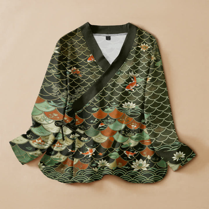 Buddha Stones Kimono de manga larga para mujer con cuello en V, estampado oriental de koi y loto, de algodón. - Verde oliva oscuro - US16，UK/AU20，EU48 (3XL) - image 7