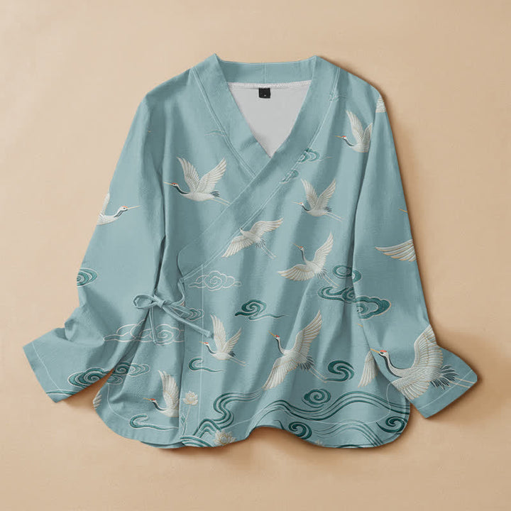 Buddha Stones Camisa kimono de manga larga para mujer, estilo hanfu, con cuello en V y cordones, estampado de grullas y nubes, de algodón. - Turquesa - US16，UK/AU20，EU48 (3XL) - image 0