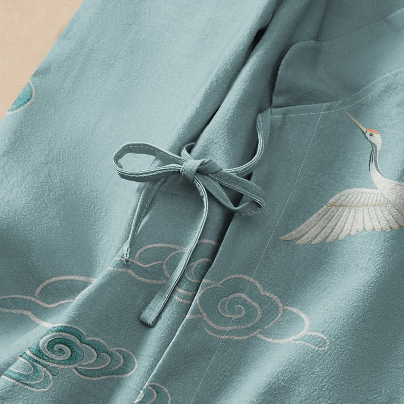 Buddha Stones Camisa kimono de manga larga para mujer, estilo hanfu, con cuello en V y cordones, estampado de grullas y nubes, de algodón. - image 3