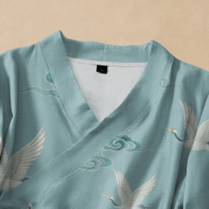 Buddha Stones Camisa kimono de manga larga para mujer, estilo hanfu, con cuello en V y cordones, estampado de grullas y nubes, de algodón. - image 2