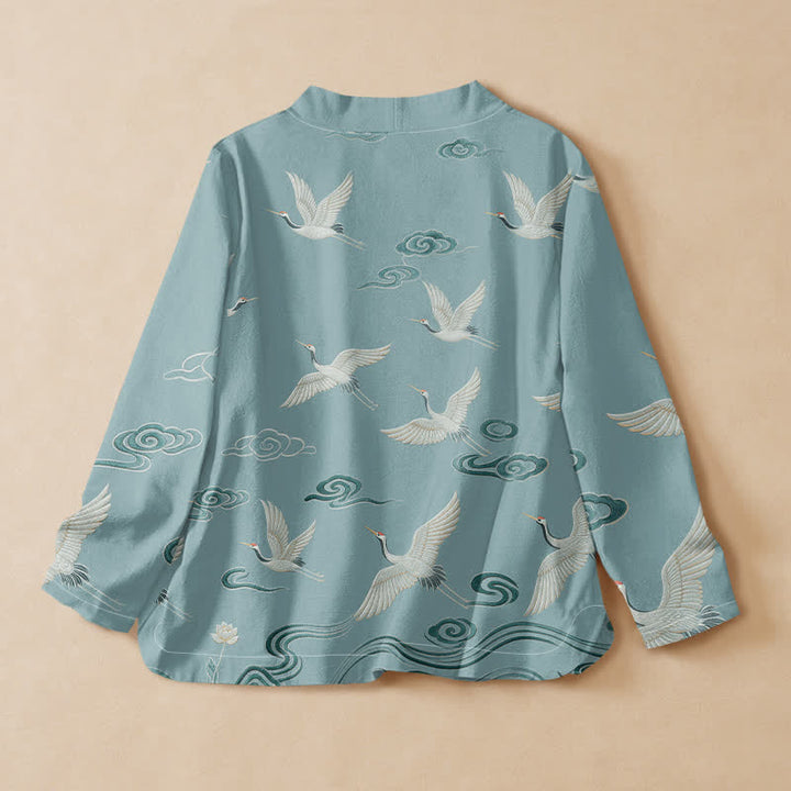 Buddha Stones Camisa kimono de manga larga para mujer, estilo hanfu, con cuello en V y cordones, estampado de grullas y nubes, de algodón. - image 1