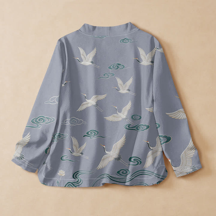 Buddha Stones Camisa kimono de manga larga para mujer, estilo hanfu, con cuello en V y cordones, estampado de grullas y nubes, de algodón. - image 6