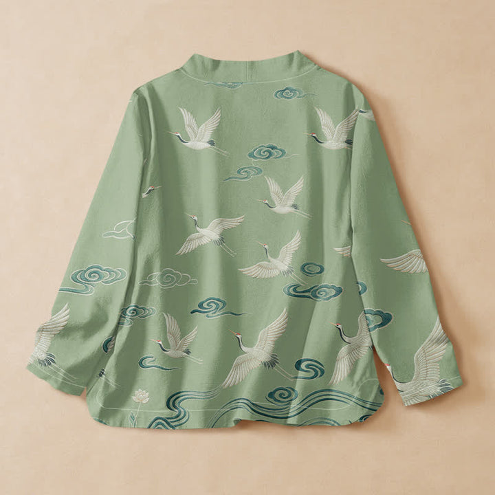 Buddha Stones Camisa kimono de manga larga para mujer, estilo hanfu, con cuello en V y cordones, estampado de grullas y nubes, de algodón. - image 8